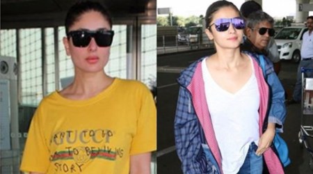 Kareena Kapoor Khan, Alia Bhatt, airport look, celeb fashion, celebrity fashion diaries, Kareena Kapoor Gucci t-shirt, Gucci India, Only India, bollywood divas, bollywood fashion diary, bollywood airport looks, alia bhatt airport looks, kareena airport looks, basic college wear, Indian express, indian express news