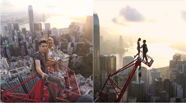 world tallest building, selfie on highest building, Russian couple highest crane hong kong, hong kong higest crane, couple climb world hihgest crane, Angela Nikolau, Ivan Beerkus, russia news, world news, viral news