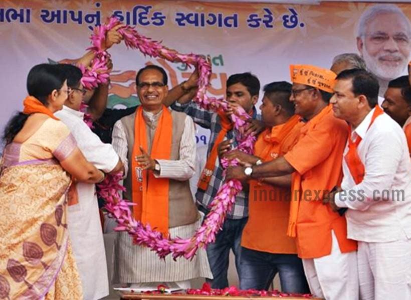 shivraj singh chouhan photos, shivraj chouhan gujarat visit images, bjp, bjp gujarat gaurav yatra pictures, madhya pradesh, mp cm in gujarat, chouhan gujarat pics, shivraj chouhan gujarat pictues, ankleshwar, bjp poll campaign, indian express