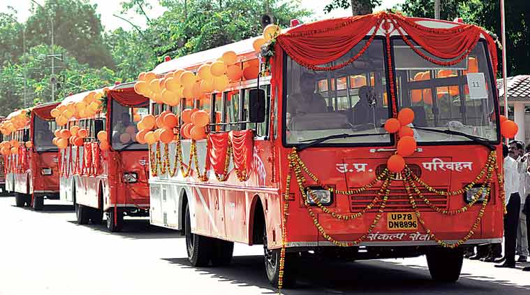  Uttar Pradesh buses, Yogi Adityanath, UP Saffron, Samajwadi Party, BJP, BSP, BSP blue buses, Samazwadi party red-and-green buses, UP buses saffron, India news, Indian Express