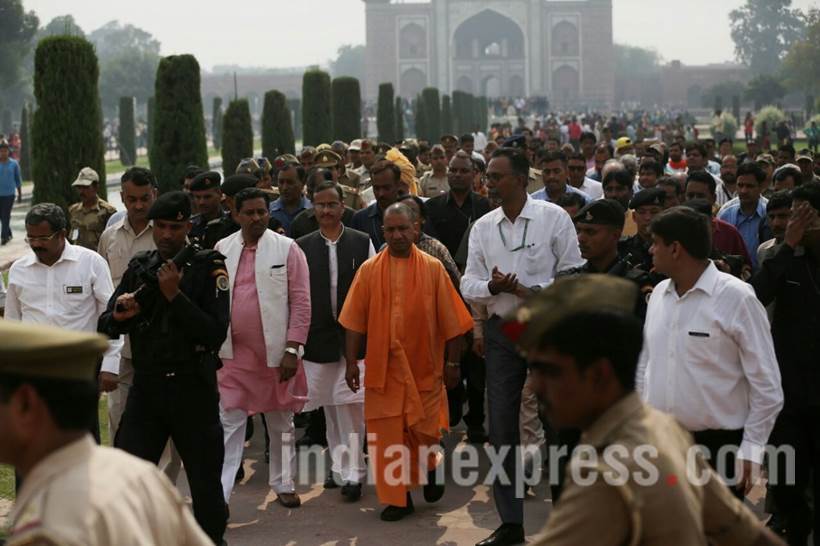 yogi adityanath photos, taj mahal photos, adityanath taj mahal photos, adityanath taj mahal pics, yogi in taj mahal, taj mahal controversy, yogi adityanath images, up cm, agra, adityanath in agra images, adityanath agra visit pics, yogi agra pictures, indian express