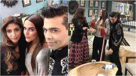karan johar, shweta bachchan, neha dhupia, karan shweta talks show guests, neha dhupia images, karan shweta neha images