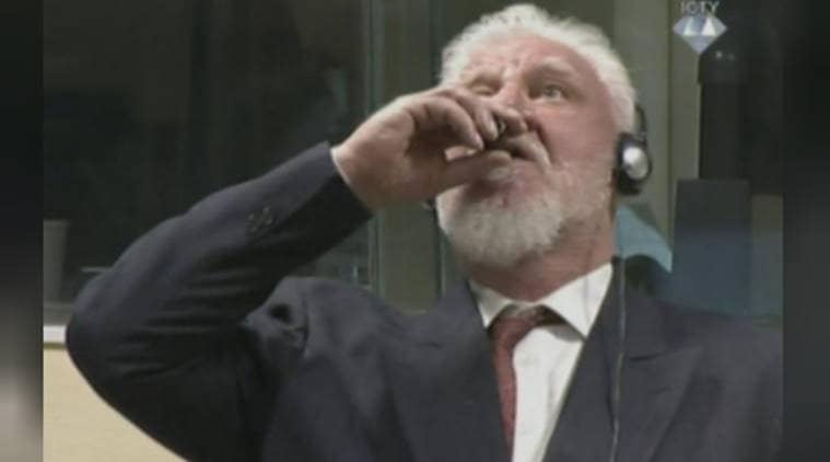 Bosnian Croat military commander, UN war crime court, UN war crime, Bosnian Croat military commander drank poision, courtroom suicide, military commander drank poison in court, world news, indian express news