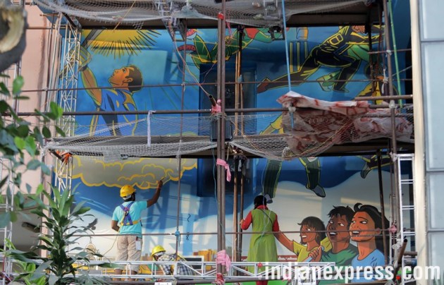 eden gardens, eden garden kolkata, eden garden wall art, wall art, kolkata wall art, wall art eden, cricket association of bengal, cab eden wall art, ind vs sri lanka, ind sri lanka eden test match, kolkata news, sports news, cricket news, indian express