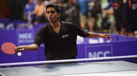 Gnanasekaran Sathiyan from India playing at the NCC Asian Juniors Table Tennis championships in New Delhi on Saturday. *** Local Caption *** Gnanasekaran Sathiyan from India playing at the NCC Asian Juniors Table Tennis championships in New Delhi on Saturday. Express Photo/Tashi Tobgyal New Delhi  24th July 2011
