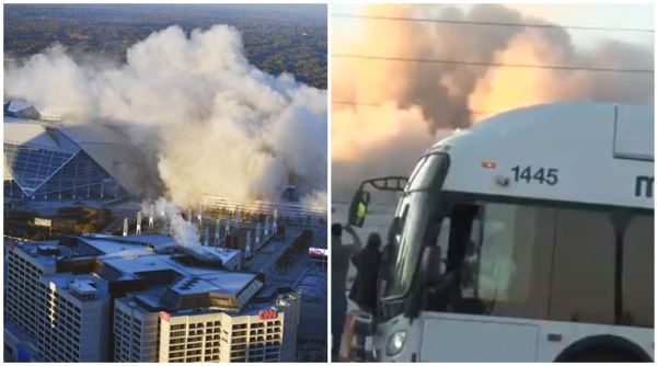 georgia dome, georgia dome implosion, weather channel live shoot, weather channel georgia dome, destruction of georgia dome, bus block weather channel live shoot, indian express, indian express news