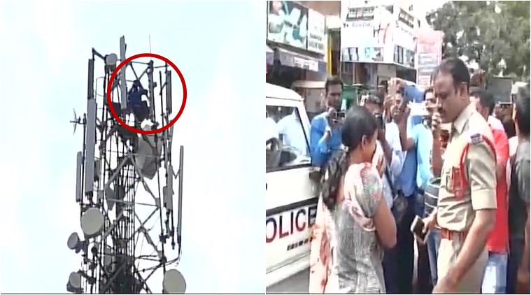 man climbs tower, sholay tower suicide scene, man climbs tower suicide threat, man sholay stunt, man climb tower for divorce, telangana news, bizarre news, weird news, india news, indian express