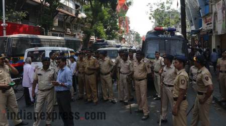 Police Force Outside Dadar Station. Express Photo by Ganesh Shirsekar