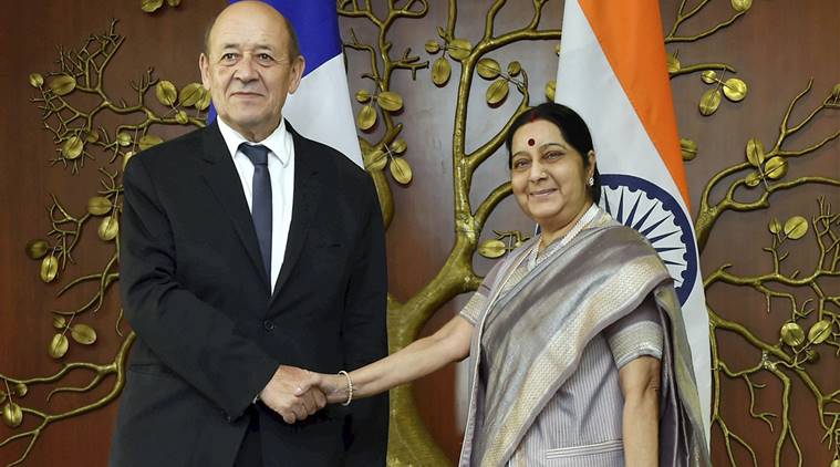 sushma swaraj, Jean-Yves Le Drian, india france meet, india france ties, new delhi