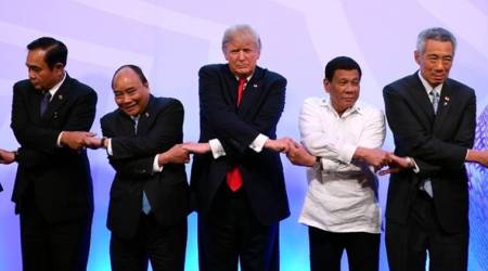 trump, donald trump, ASEAN, handshake photo op, Trump handshake, ASEAN summit, world news, indian express news