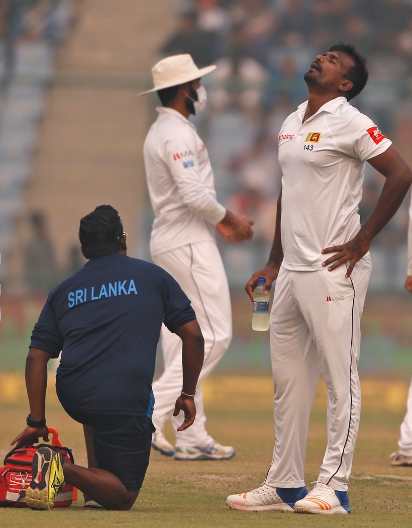 Sri Lanka seamer Lahiru Gamage looked extremely uncomfortable with the pollution