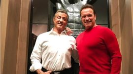Arnold Schwarzenegger drops by sylvester stallone for christmas