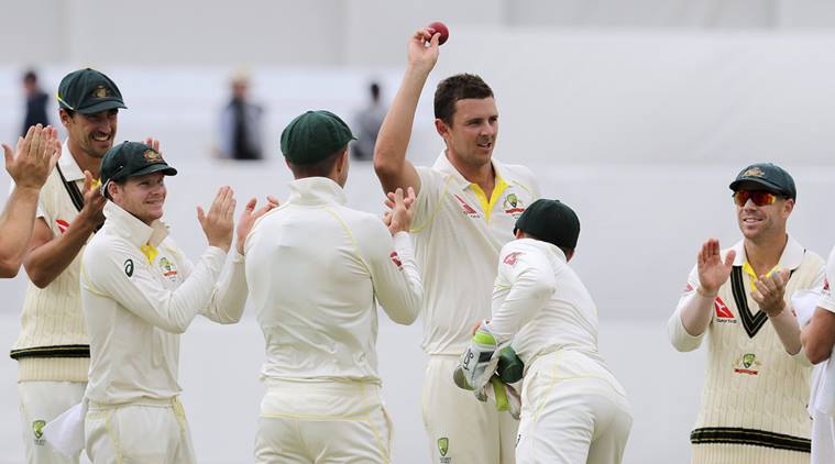 Josh Hazlewood takes in the applause after picking five wickets in the third Test
