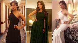 Chitrangada Singh wears a black one-shoulder gown from Halston Heritage.