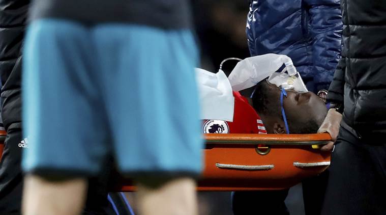Manchester United’s Romelu Lukaku carried off on a stretcher following