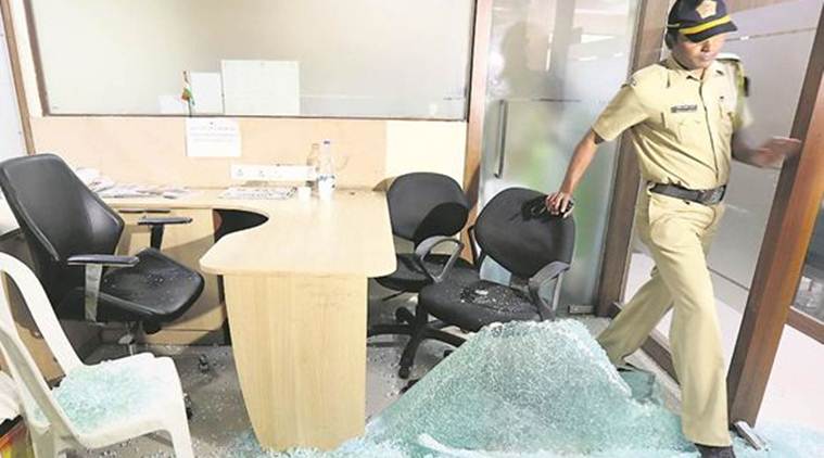 mns workers vandalise congress ofice, mumbai, devendra fadnavis, azad maidan, indian express, express online