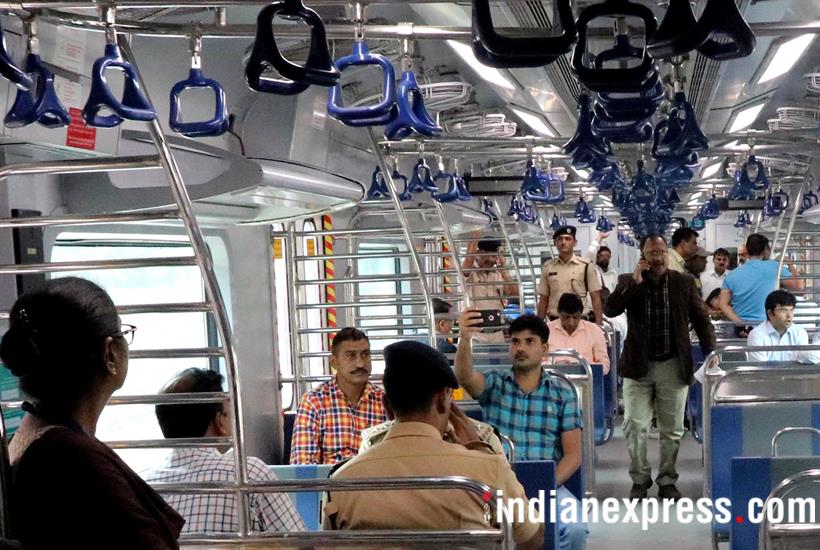 mumbai, mumbai local train new coaches photos, mumbai ac local train caoches in pics, photos of ac suburban train in mumbai, suburban train in mumbai, western railways, indian express