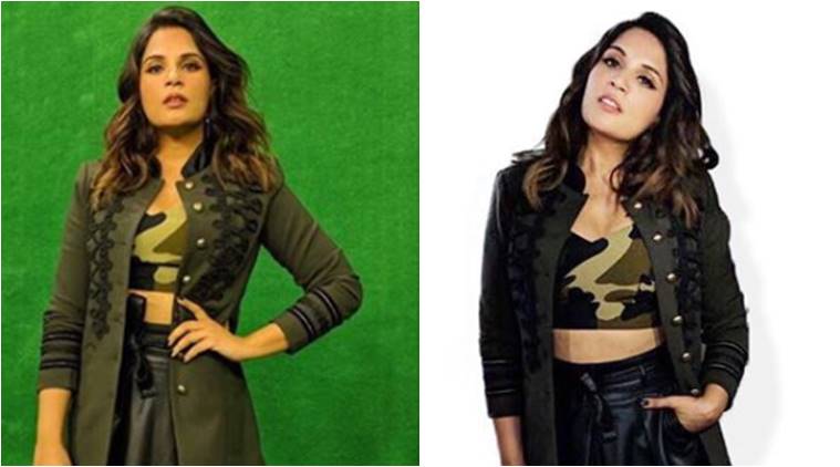 Richa Chadha in military bralette and leather skirt