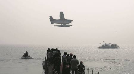 The plane took off from Mumbai airport at 2.40 pm. It reached Chowpatty in less than 10 minutes. (Express Photo/Nirmal Harindran)