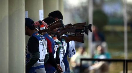 Shooters before the start of the Double Trap event during the 55th National Shooting Championship at Dr Karni Singh Shooting Range on Wednesday. *** Local Caption *** Shooters before the start of the Double Trap event during the 55th National Shooting Championship at Dr Karni Singh Shooting Range on Wednesday. Express photo by Oinam Anand. 01 February 2012