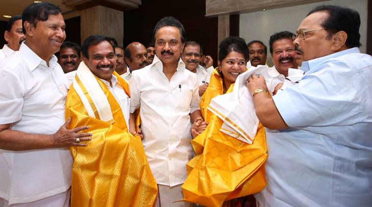 Acquitted in 2G case, A Raja and Kanimozhi welcomed by M K ...