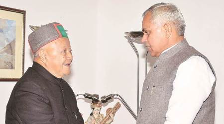 Virbhadra Singh with Governor Acharya Devvrat