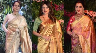 Virat Anushka wedding reception, Priyanka Chopra, Priyanka Chopra latest photos, Priyanka Chopra golden sari, Kangana Ranaut, Kangana Ranaut golden saris, Rekha, Rekha golden saris, indian express, indian express news