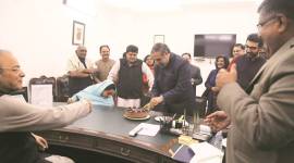 Arun jaitley, Anand Sharma, Anand Sharma birthday, winter session, parliement, Congress leader birthday celebration, Arun jaitley photos, anand sharma birthday pictures, MPs, arun jaitley hosted lunch, india news, Indian express news