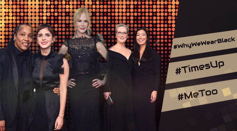 golden globes, golden globes 2018, celebrities on golden globe red carpet, hashtags used in golden globes, #metoo, #whywewearblack, celebrities wearing black at golden globe, social media on golden globe 2018, indian express, indian express news