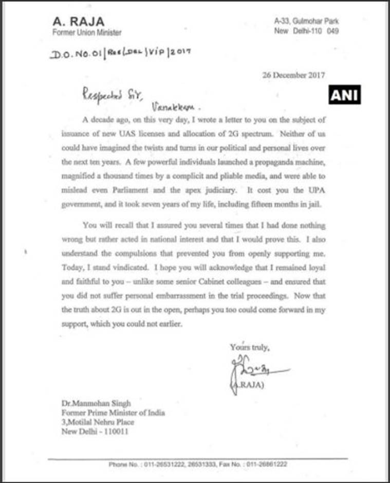 A Raja letter to Manmohan Singh