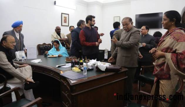 Arun jaitley, Anand Sharma, Anand Sharma birthday, winter session, parliement, Congress leader birthday celebration, Arun jaitley photos, anand sharma birthday pictures, MPs, arun jaitley hosted lunch, india news, Indian express news