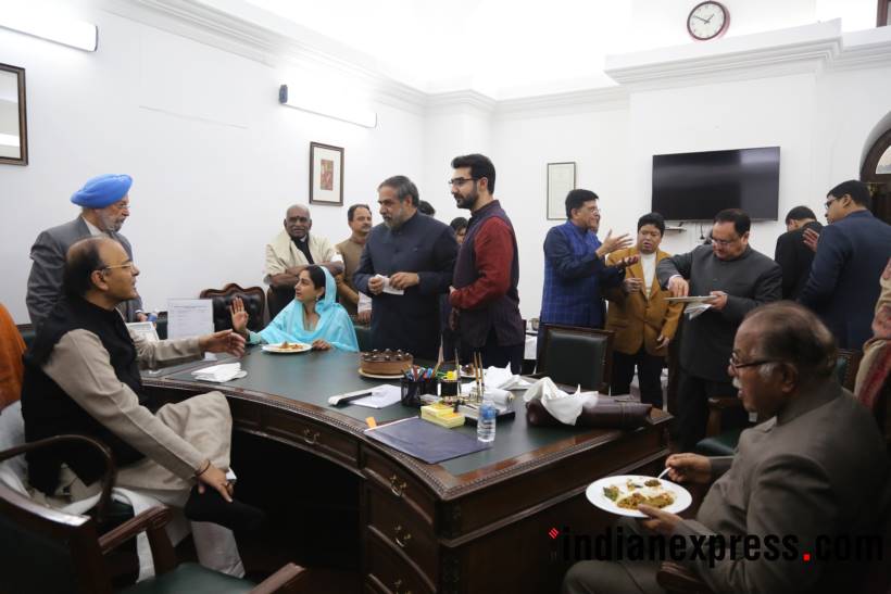 Arun jaitley, Anand Sharma, Anand Sharma birthday, winter session, parliement, Congress leader birthday celebration, Arun jaitley photos, anand sharma birthday pictures, MPs, arun jaitley hosted lunch, india news, Indian express news