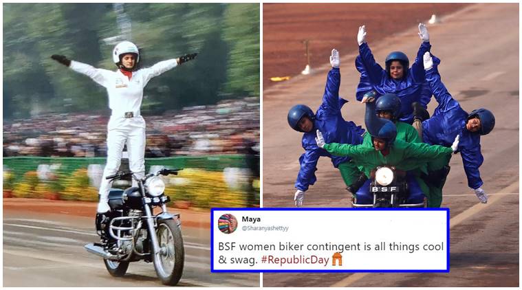 republic day 2018, happy republic day, republic day parade, all-woman bsf bikers, women bsf biker squad debut, bsf bikers stunts, female bsf bikers, indian express, indian express news
