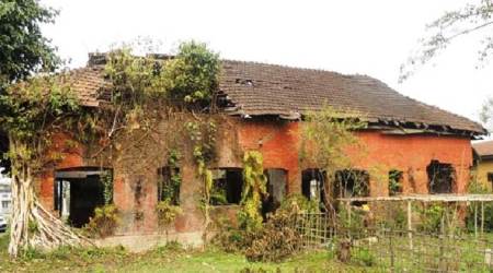 The picture shows the present dilapidated building.
