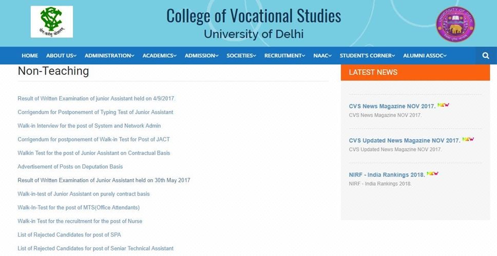 du, delhi university, cvs.edu.in, du jobs, college of vocational studies