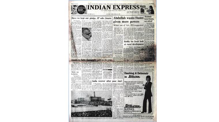 forty years ago, january 30 1979, sheikh abdullah, jk cm, jayaprakash narayan, old rare indian express newspaper, indian express