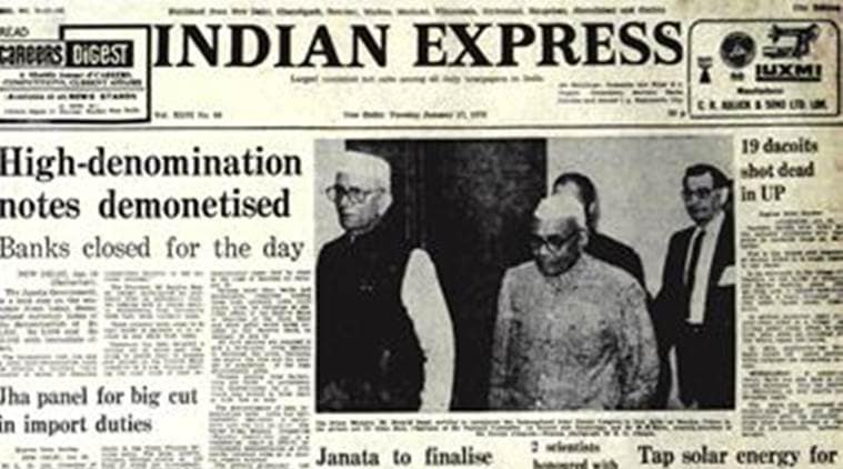 Express front page, forty years ago, Janata government, demonetisation, demonetised notes, editorial news, indian express, indian express news