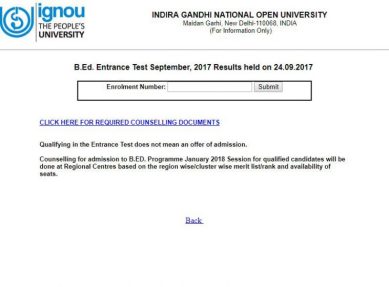ignou, ignou.ac.in, ignou bed entrance exam result