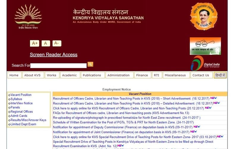 kvs, govtjobs, kvs jobs, kvssangathan.nic.in