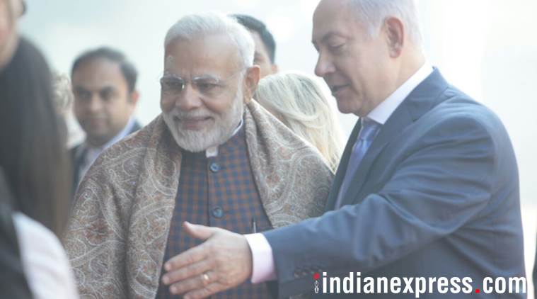 Netanyahu, Israel, PM Narendra Modi, Benjamin Netanyahu in Delhi, Netanyahu in Delhi, India Israel meetings, Modi Netanyahu photo, Raj Ghat, Indian Express