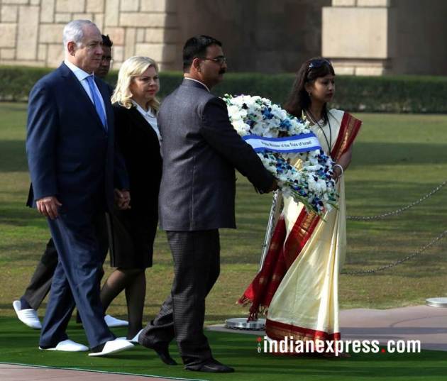 netanyahu photos, israeli pm india visit pics, netanyahu raj ghat images, benjamin netanyahu images, israeli pm raj ghat pictures, israeli pm in india pictures, netanyahu wife sara photo, israeli pm india visit, indian express
