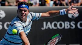 Milos Raonic in action against Lukas Lacko at Australian Open