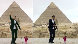 egypt, egypt pyramid, world tallest man, world smallest woman, world tallest man shortest woman, Giza Pyramids in Cairo, Jyoti Amge, Sultan Kosen, world news, odd news, viral photos, unusual photos