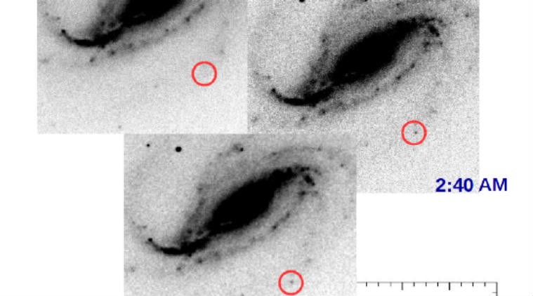 Amateur astronomer images, exploding star, University of California Berkeley, first optical light, Sculptor constellation, supernova, cosmic explosion, solar masses, short-exposure photographs