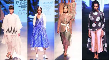 (From left) Mohammed Mazhar presented an all-white collection; intricate shibori-dyed pieces stood out in Amrich’s collection; Urvashi Kaur teamed metallics with tie-dye elements; a design from Naushad Ali’s collection. (Express photo byAmit Chakravarty)