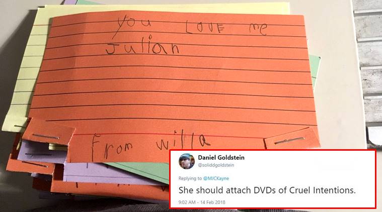 viral stories, 5-year-old girl writes Valentine's Day cards, Valentine's Day, Valentine's Day stories, Valentine's Day cards, Twitter funny moments, funny kid stories, indian express, indian express news