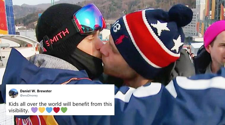 winter olympics, Pyeongchang Games, gus kenworthy, gay skier kiss partner, gay skier kiss boyfriend olymipcs, LGBTQ, love in olympics, olympics love, gay athlete kiss olympics, winter olympics news sports news, indian express, viral news, viral videos,