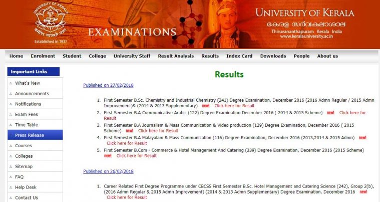 Kerala University 1st semester degree exam results ...