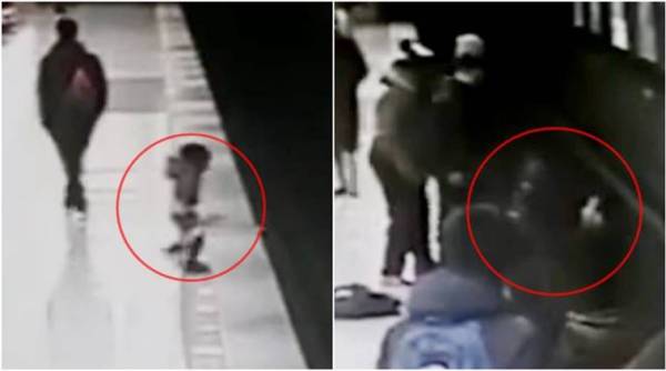 child falls on train track, child fall metro track video, viral video child, man saves child from train, man jumps on tracks, viral scary video,Indian express, Indian express news