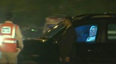 Prime Minister Narendra Modi outside the Mumbai hospital on Sunday. (Photo: Twitter/ANI)